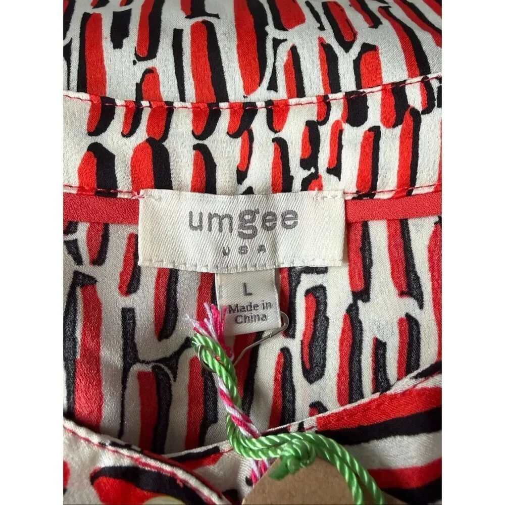Umgee USA Shirt Women’s Large Red Black Abstract Button Up Tie Front K6122 NWT